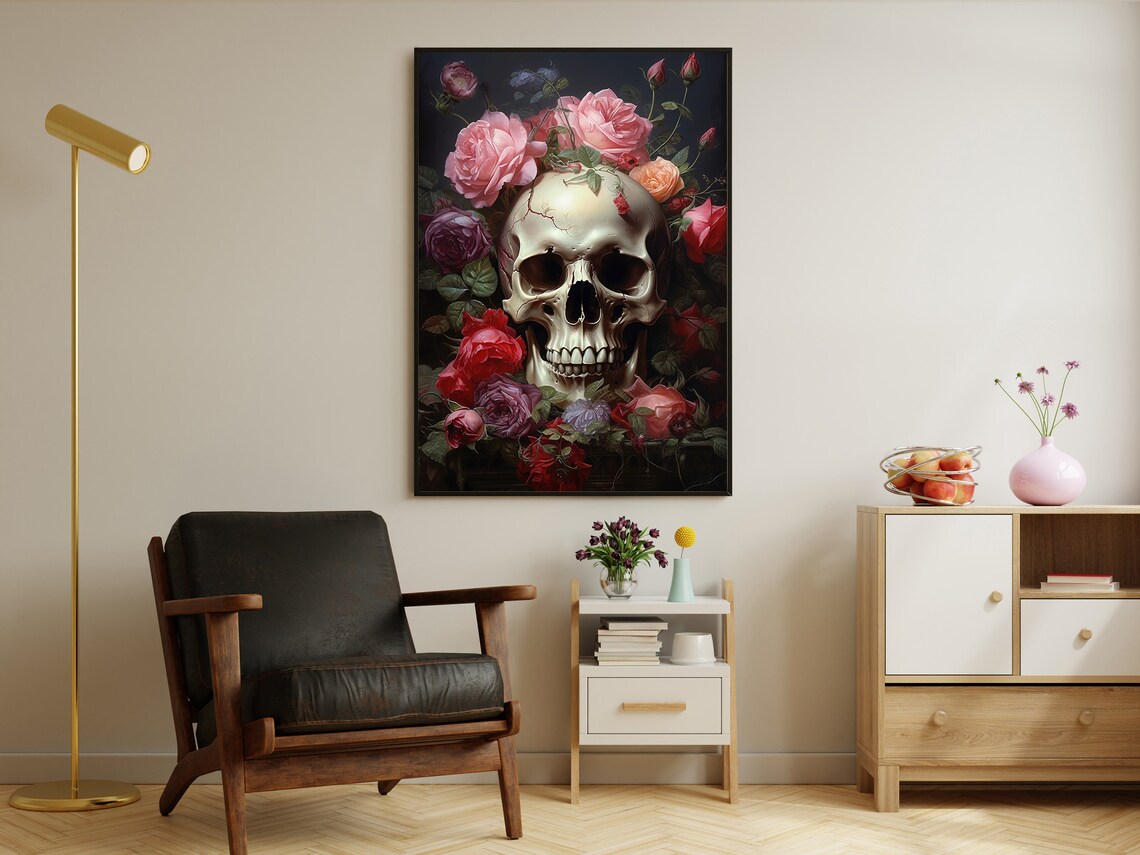 Skull Crowned With Pink Red Roses Dark Floral Gothic Vintage Baroque Poster - Image 2