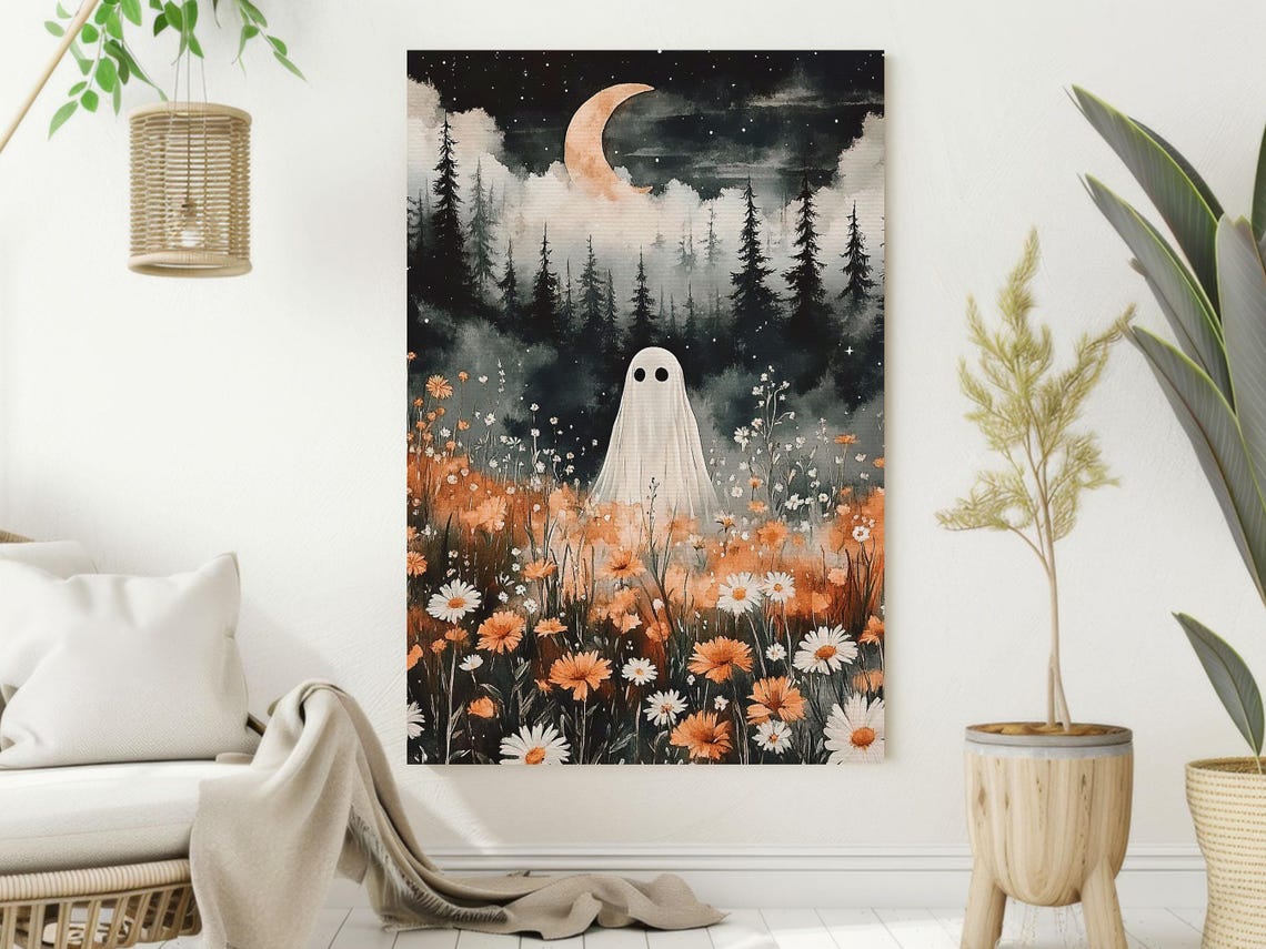 Lonely Ghost in Wildflower Meadow Under Crescent Moon Night Art Poster - Image 2