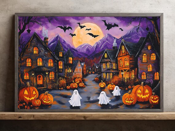 Halloween Village With Pumpkins Ghosts And Purple Night Print