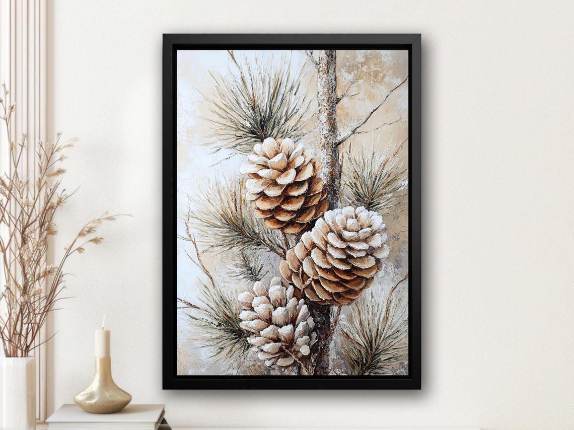 Snow Dusted Pinecones Branch Beige Botanical Winter Wall Art