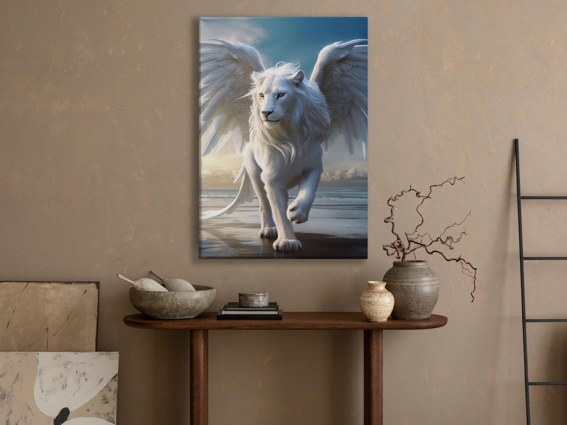 Majestic White Winged Lion Walking On A Sunset Beach Fantasy Poster - Image 3