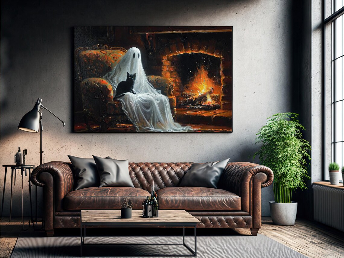Ghost Relaxing in Armchair by Fireplace with Black Cat Cozy Halloween Poster - Image 2