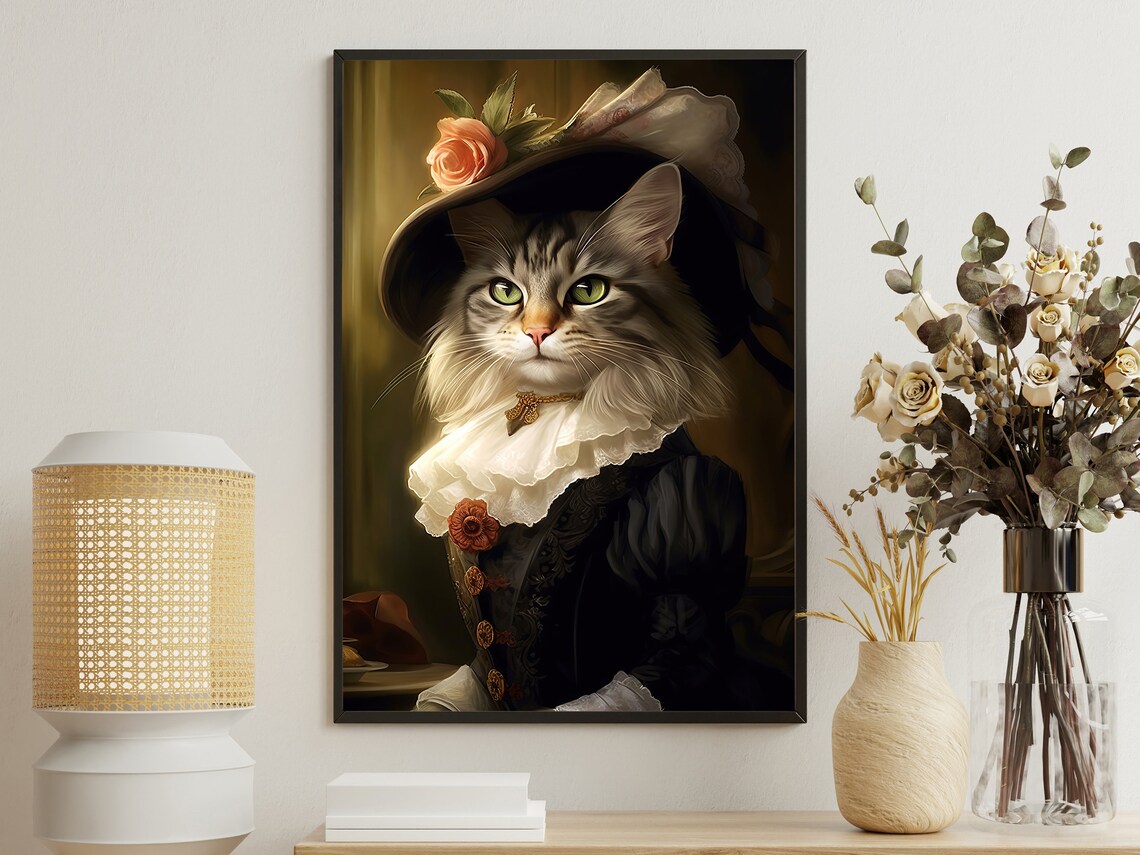 Victorian Cat Lady Art Print, Royal Feline Portrait
