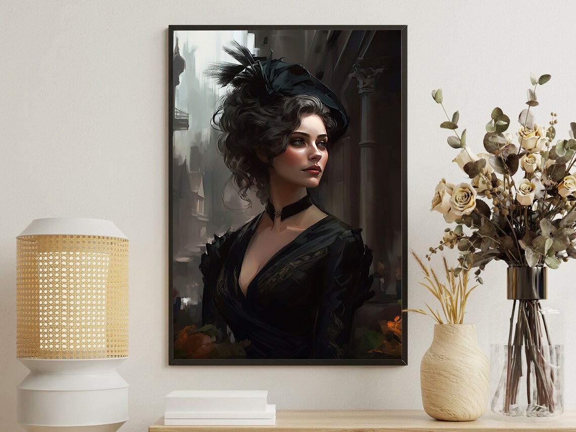 Victorian Lady In Black Gown With Feathered Hat Moody Elegant Art Poster