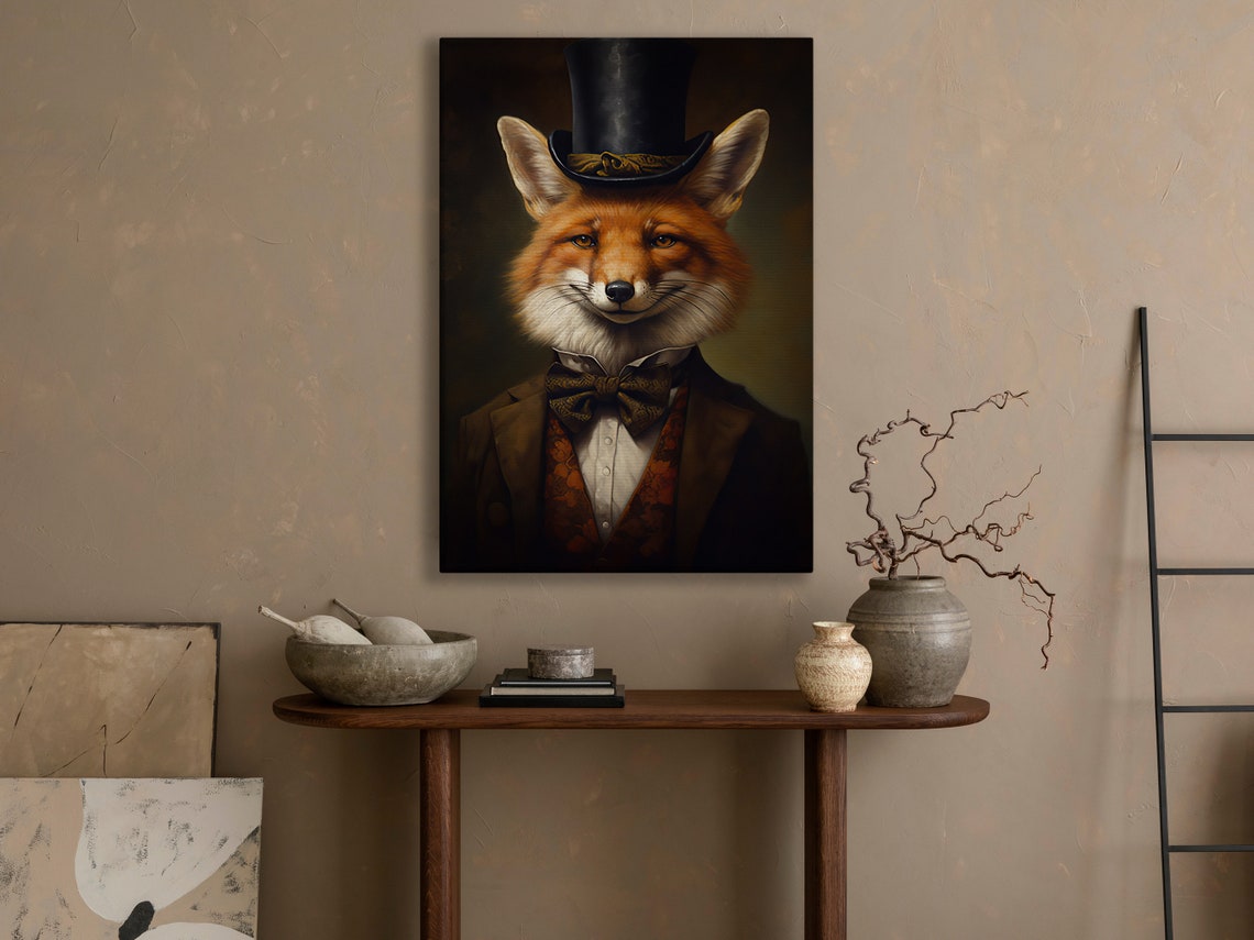 Victorian Fox Gentleman In Top Hat And Bow Tie Portrait Print - Image 3