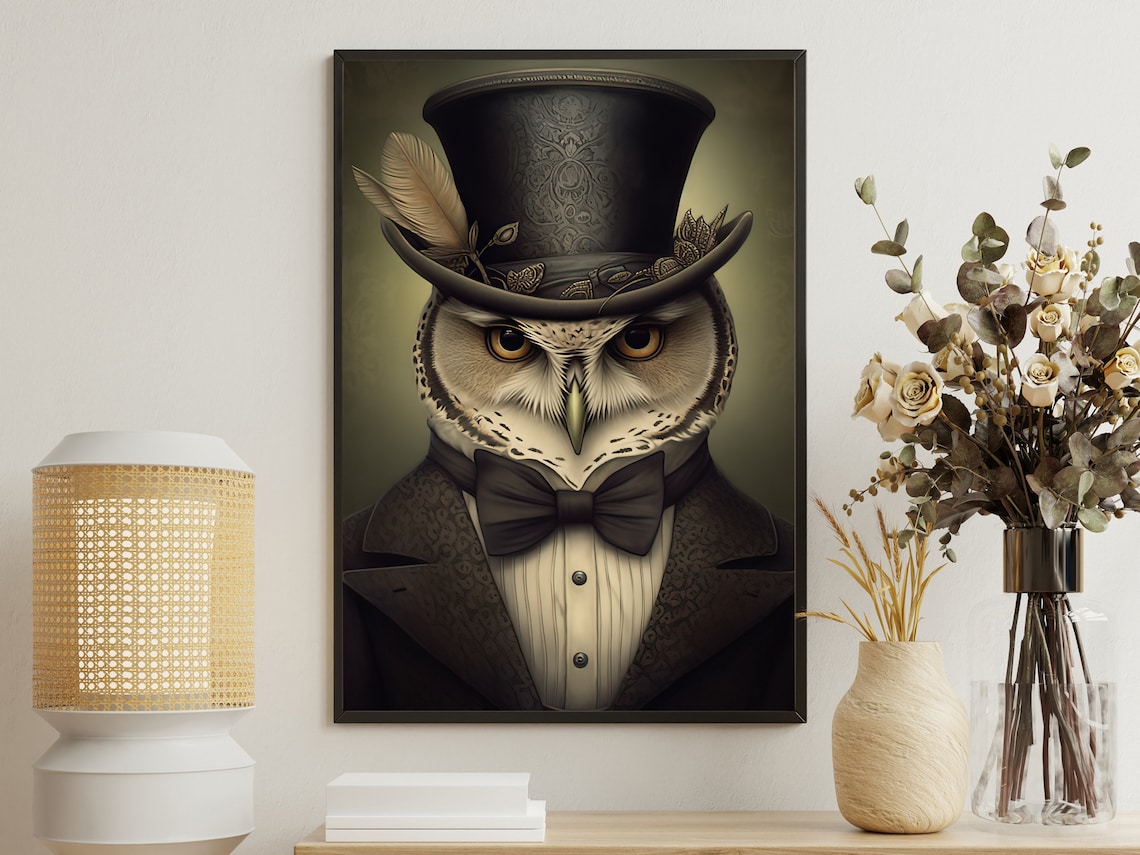 Victorian Gentleman Owl Top Hat Bow Tie Formal Portrait Gothic Animal Poster