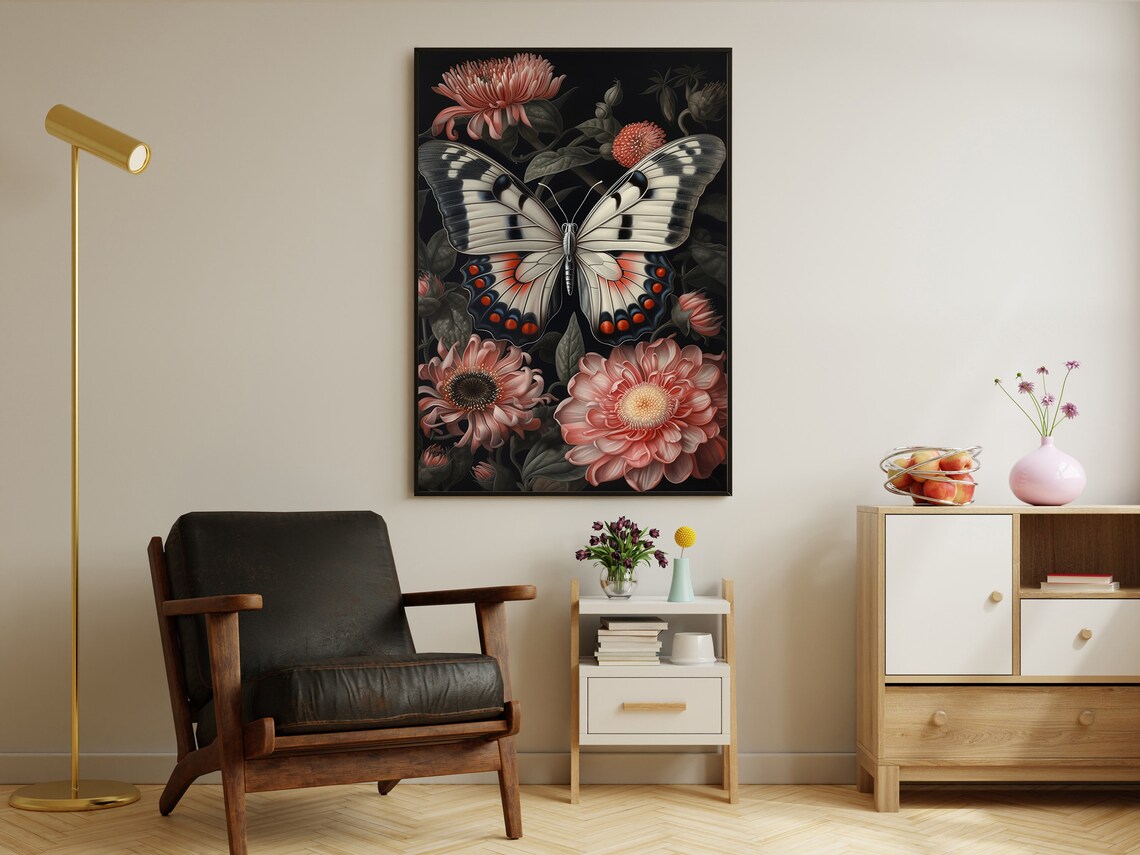 Elegant White Butterfly With Red Spots Among Pink Flowers Print - Image 3