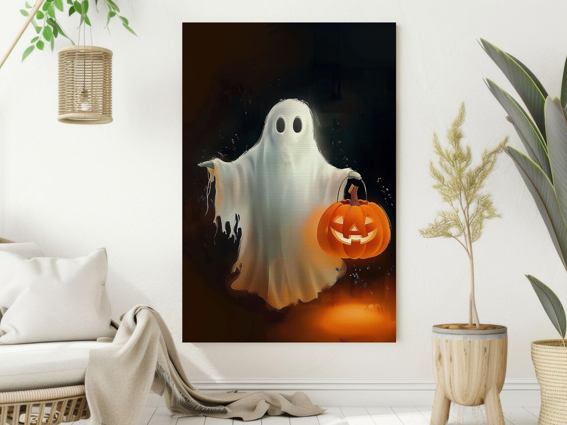 Cute Ghost Holding Glowing Jack O Lantern Pumpkin Bucket Halloween Poster - Image 2