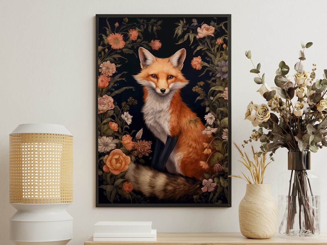 Red Fox Surrounded By Blush Roses Dark Botanical Vintage Wildlife Portrait Print