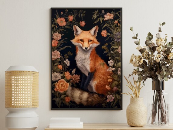 Red Fox Surrounded By Blush Roses Dark Botanical Vintage Wildlife Portrait Print