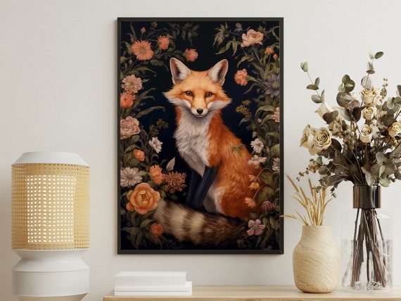 Vintage Fox Painting Cottage Fox Art Print Fox Print Gothic Art Print Dark Academia Art Print Rustic Flowers Poster Print
