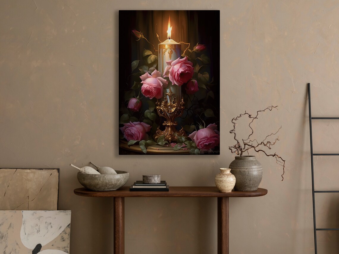 Single White Candle Pink Roses Gold Holder Dark Romantic Still Life Poster - Image 4