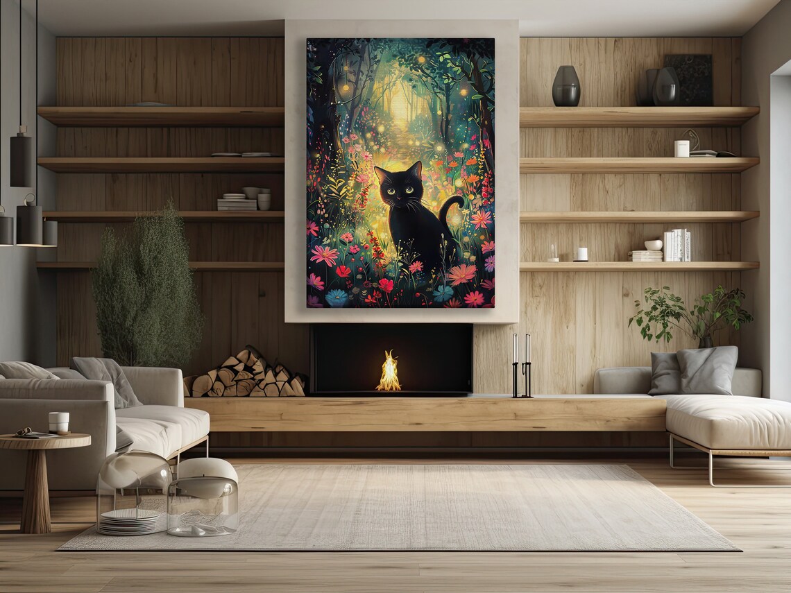 Black Cat In Enchanted Flower Forest Glowing Lights Magical Night Art Poster - Image 2