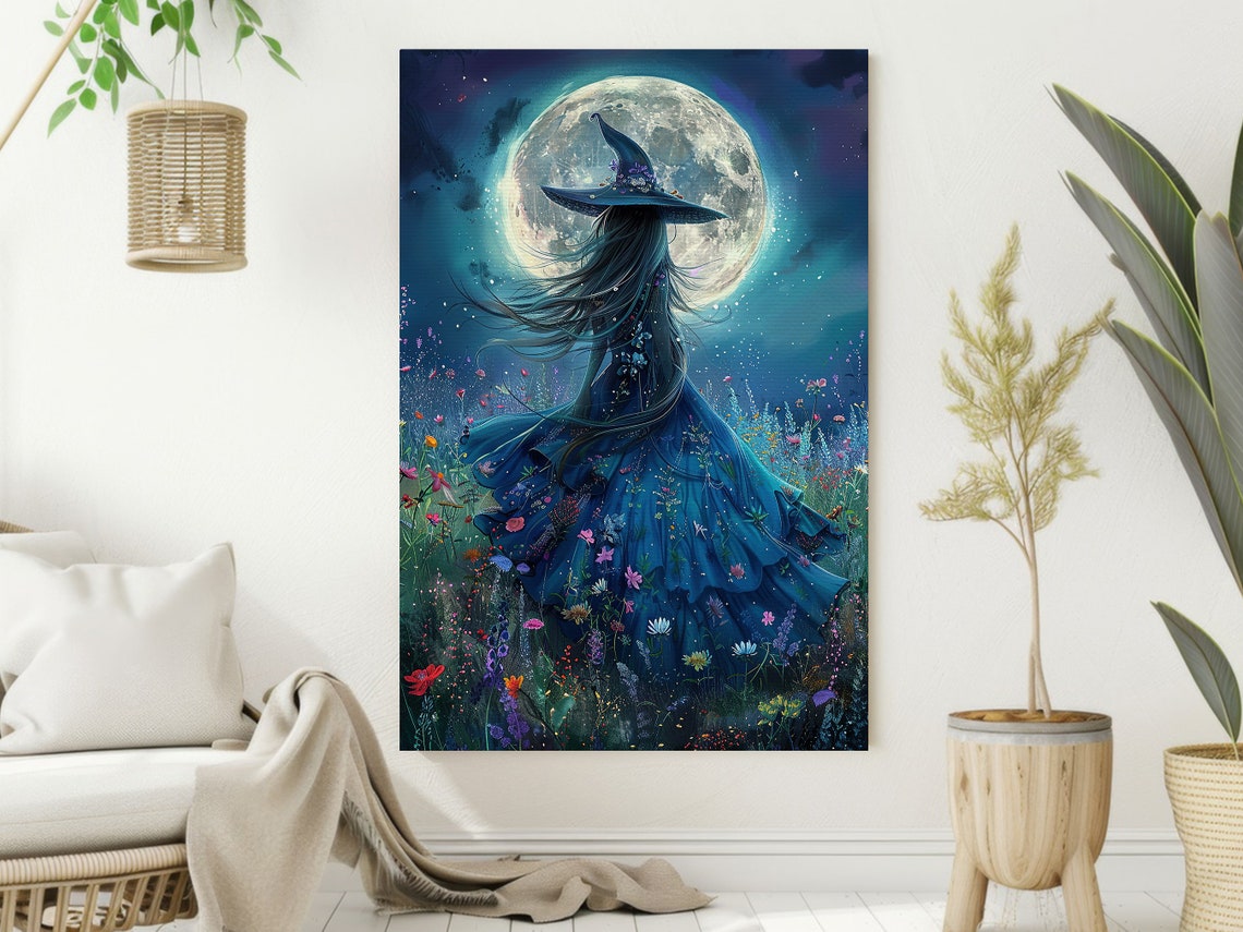 Young Witch Under Full Moon In Flower Meadow Blue Magic Art Poster - Image 2