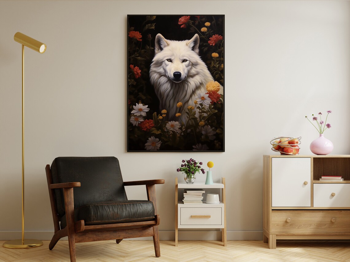 White Wolf Wildflowers Dark Background Vintage Animal Oil Painting Print - Image 2