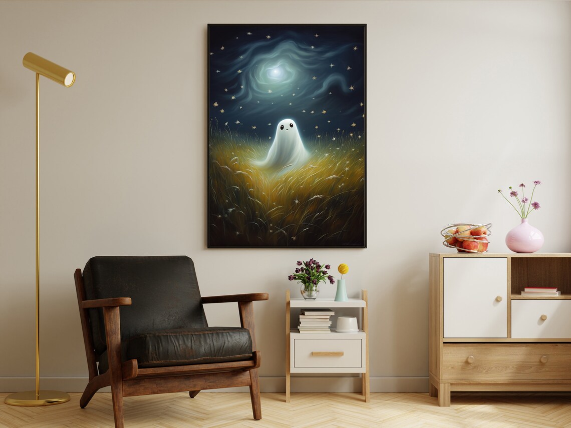 Cute Little Ghost In A Golden Wheat Field Under Starry Night Sky Poster - Image 2