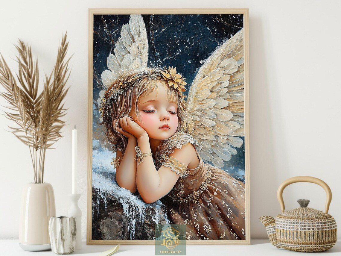 Cottage Christmas Angel Poster, Celestial Decor