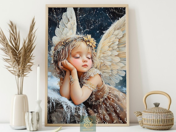 Cottage Christmas Angel Poster, Celestial Decor