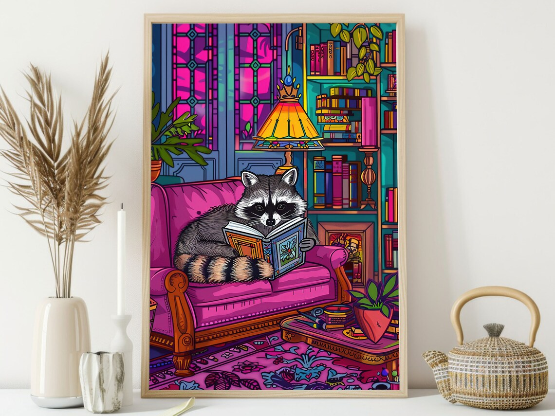 Raccoon Reading Book Cozy Library Maximalist Whimsical Animal Painting Print - Image 3
