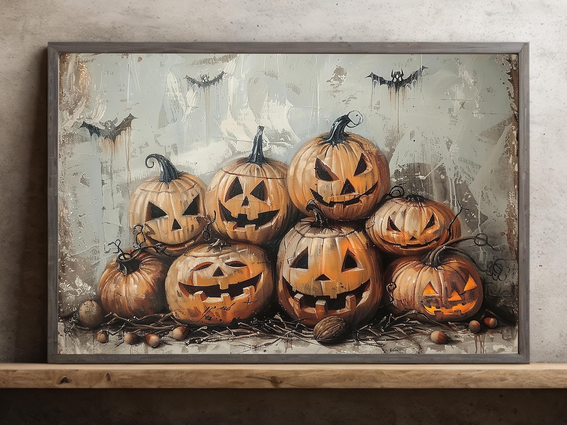 Stacked Jack O Lantern Pumpkins with Bats Vintage Harvest Halloween Poster