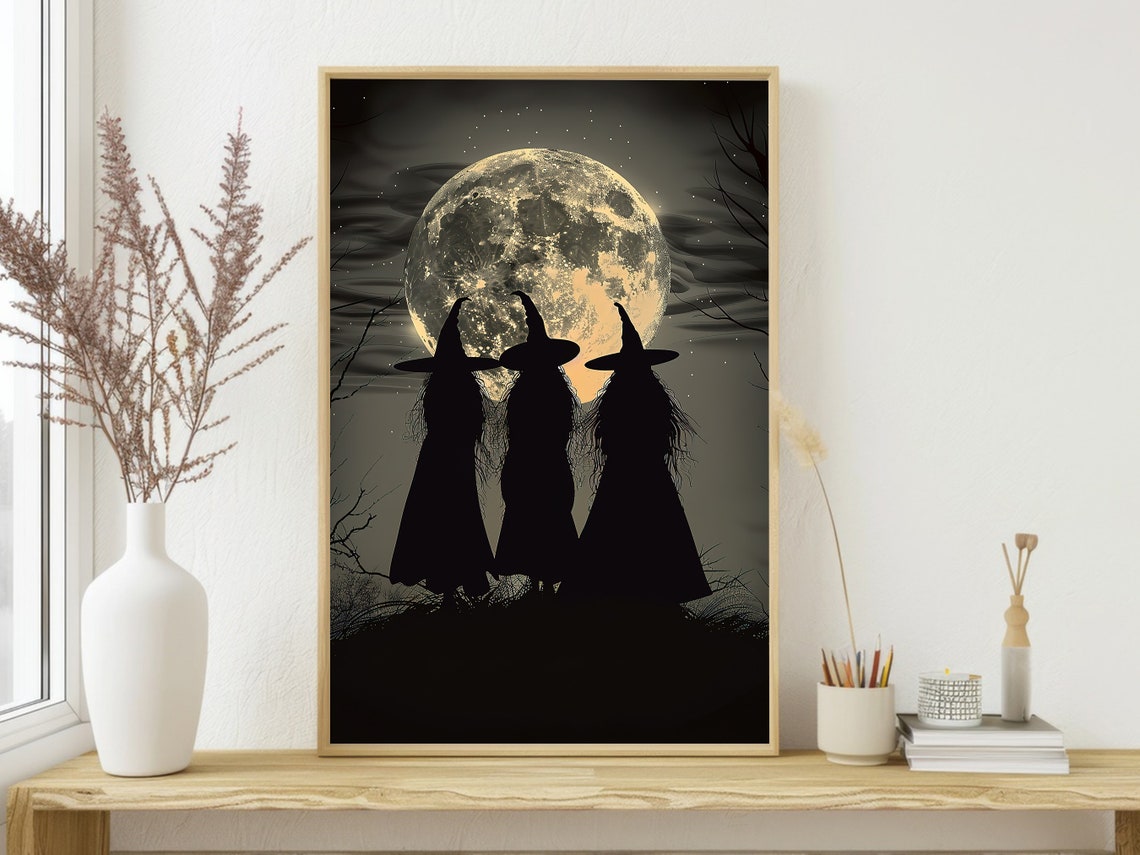 Three Witches Silhouette Under Full Moon Haunted Night Art Poster - Image 3