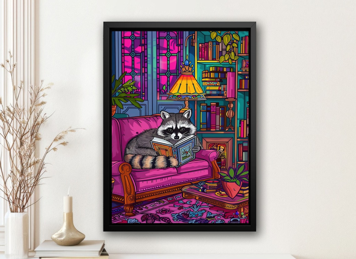 Raccoon Reading Book Cozy Library Maximalist Whimsical Animal Painting Print