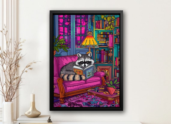 Raccoon Reading Book Cozy Library Maximalist Whimsical Animal Painting Print