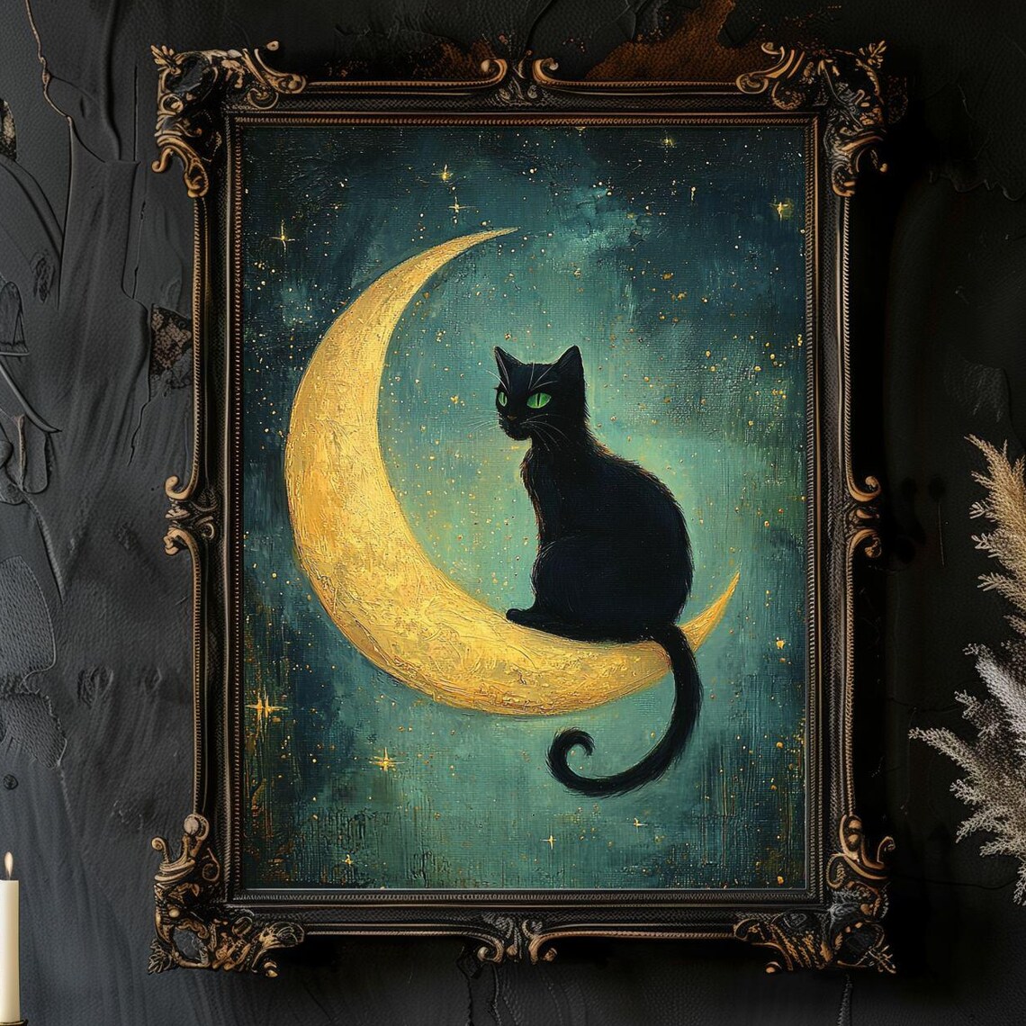 Black Cat On Crescent Moon, Whimsigoth Art Print - Image 6
