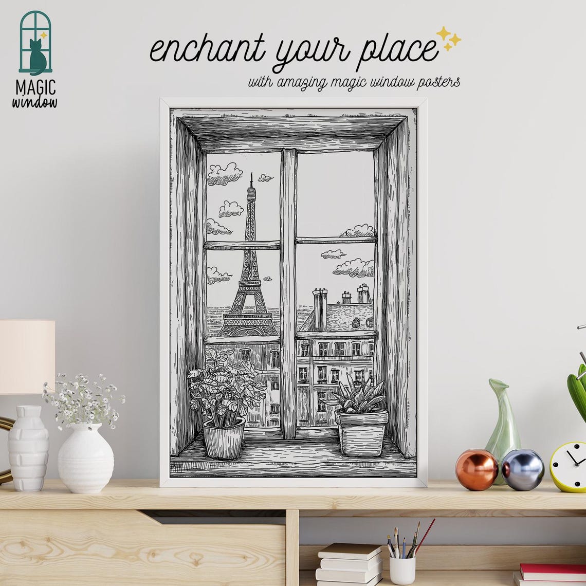 Paris Eiffel Tower Magic Window Black White Ink Sketch Poster