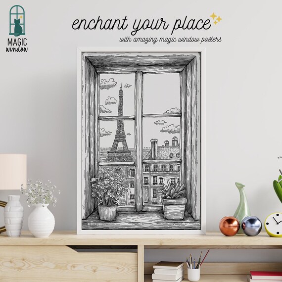 Paris Magic Window 3d Illusion Poster Eiffel Tower View Through Vintage Black And White Wall Art Cozy Home Decor