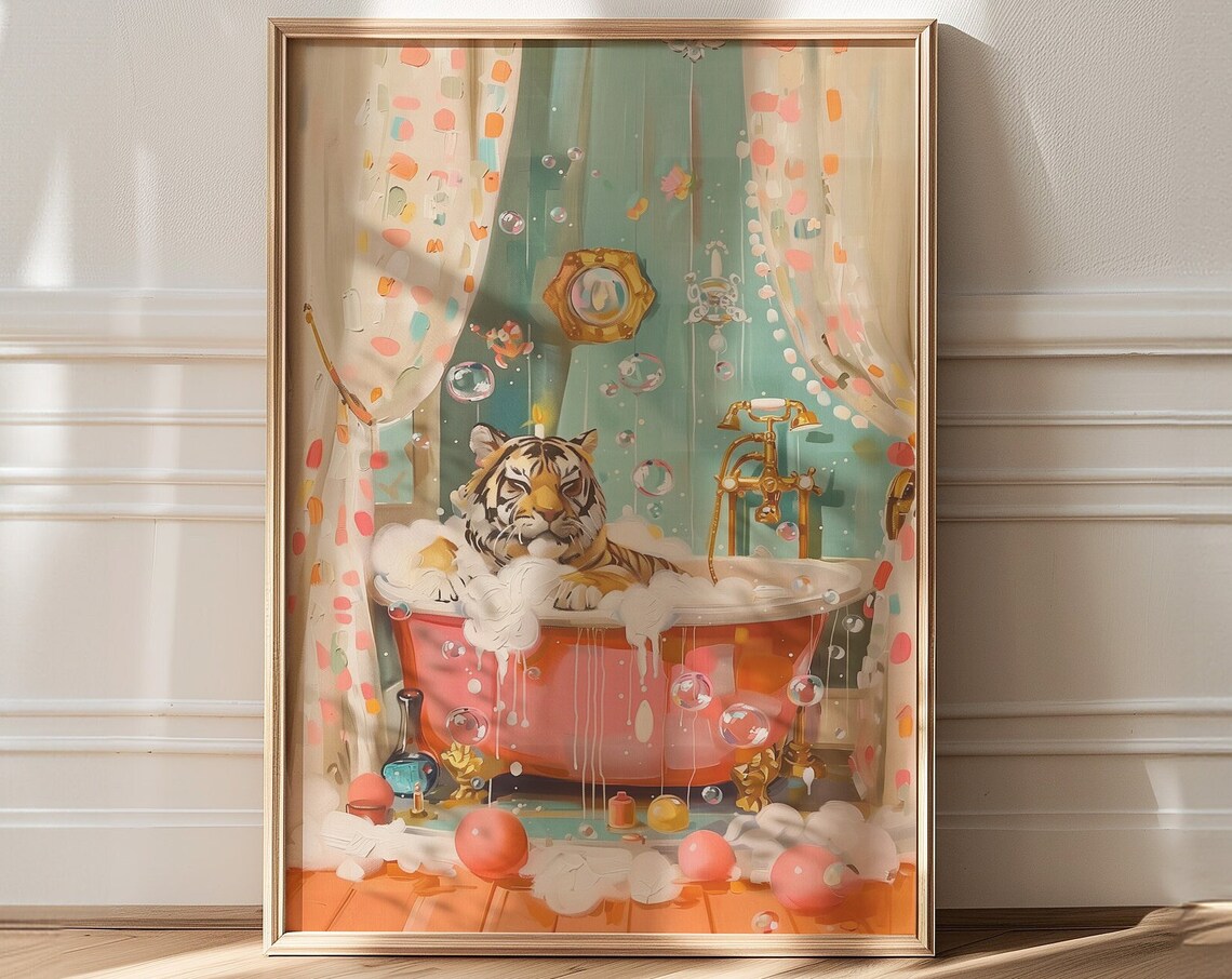 Tiger In The Bath Maximalist Bathroom Art Print - Image 3
