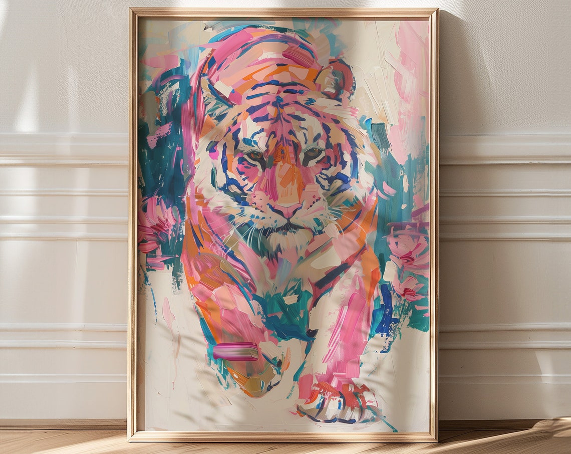 Pink and Purple Abstract Tiger Portrait Impasto Style Art Poster - Image 4