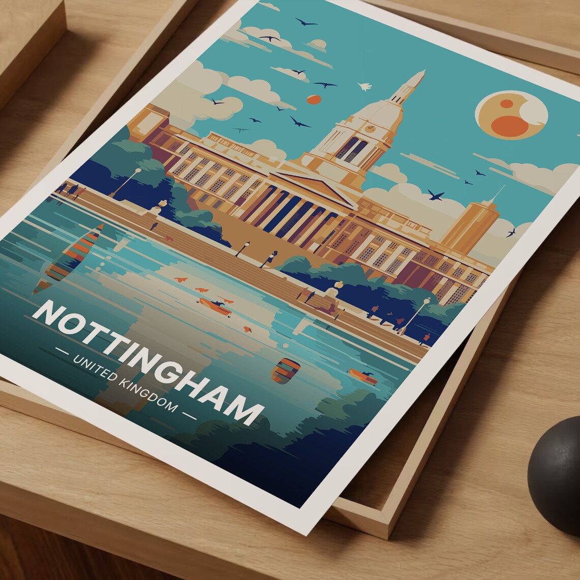 Nottingham UK Domed Council House Lake Rowboats Travel Poster - Image 3