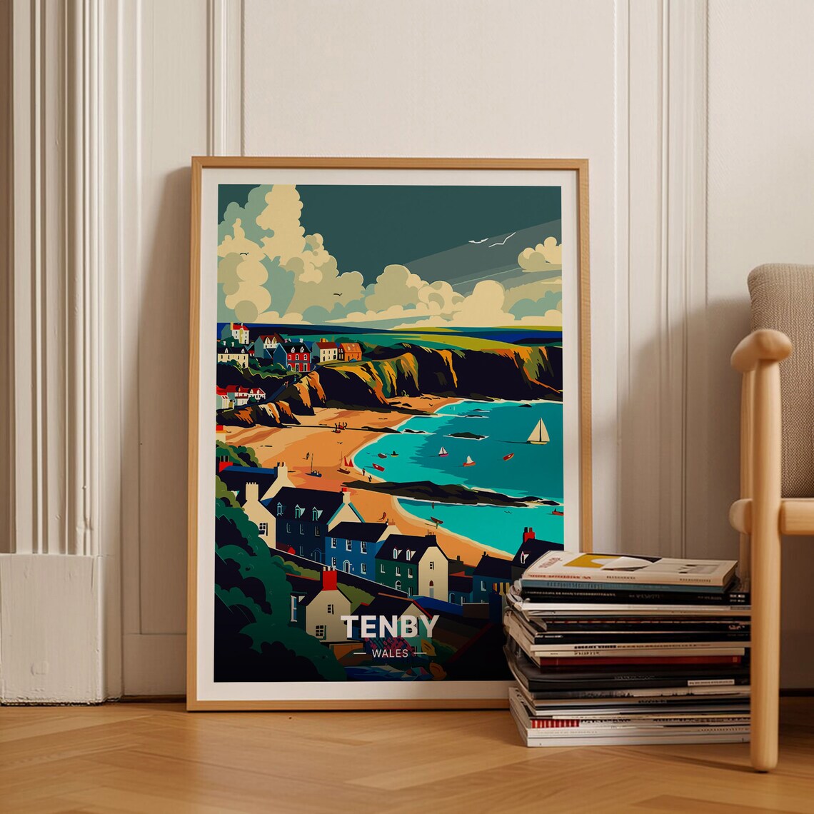 Tenby Wales Coastal Seaside Harbor Beach Vintage Travel Poster
