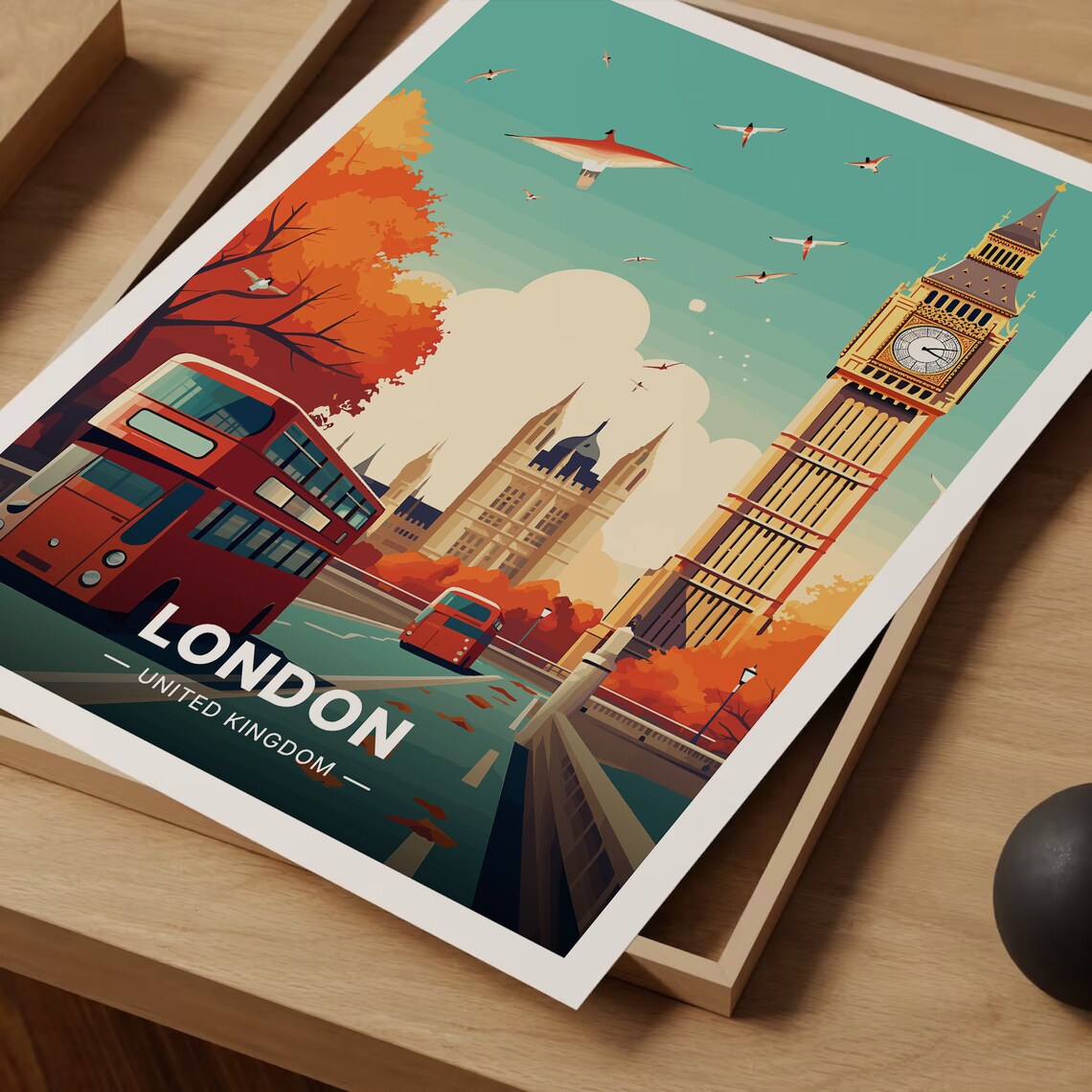 London Big Ben Double Decker Bus Autumn Retro Vintage Travel Poster - Image 3