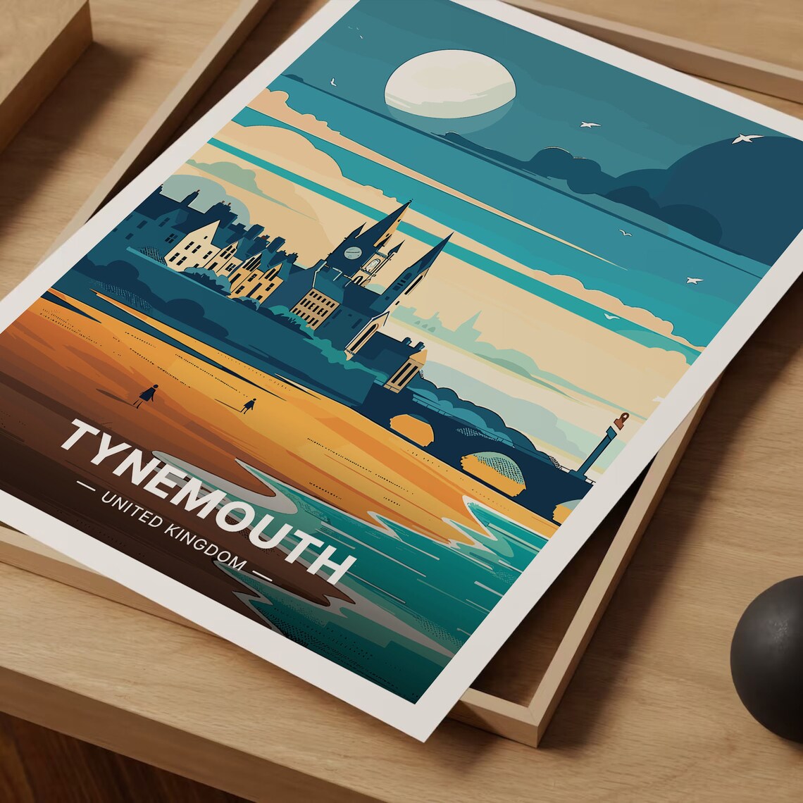 Tynemouth United Kingdom Travel Poster Moonlit Beach Pier Church Art - Image 3