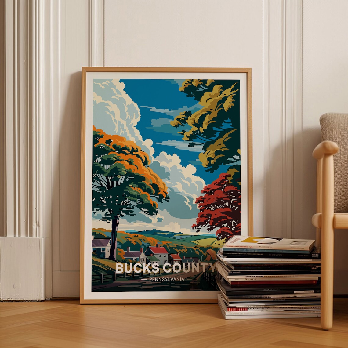Bucks County Travel Poster, Pennsylvania Scenic Landscape