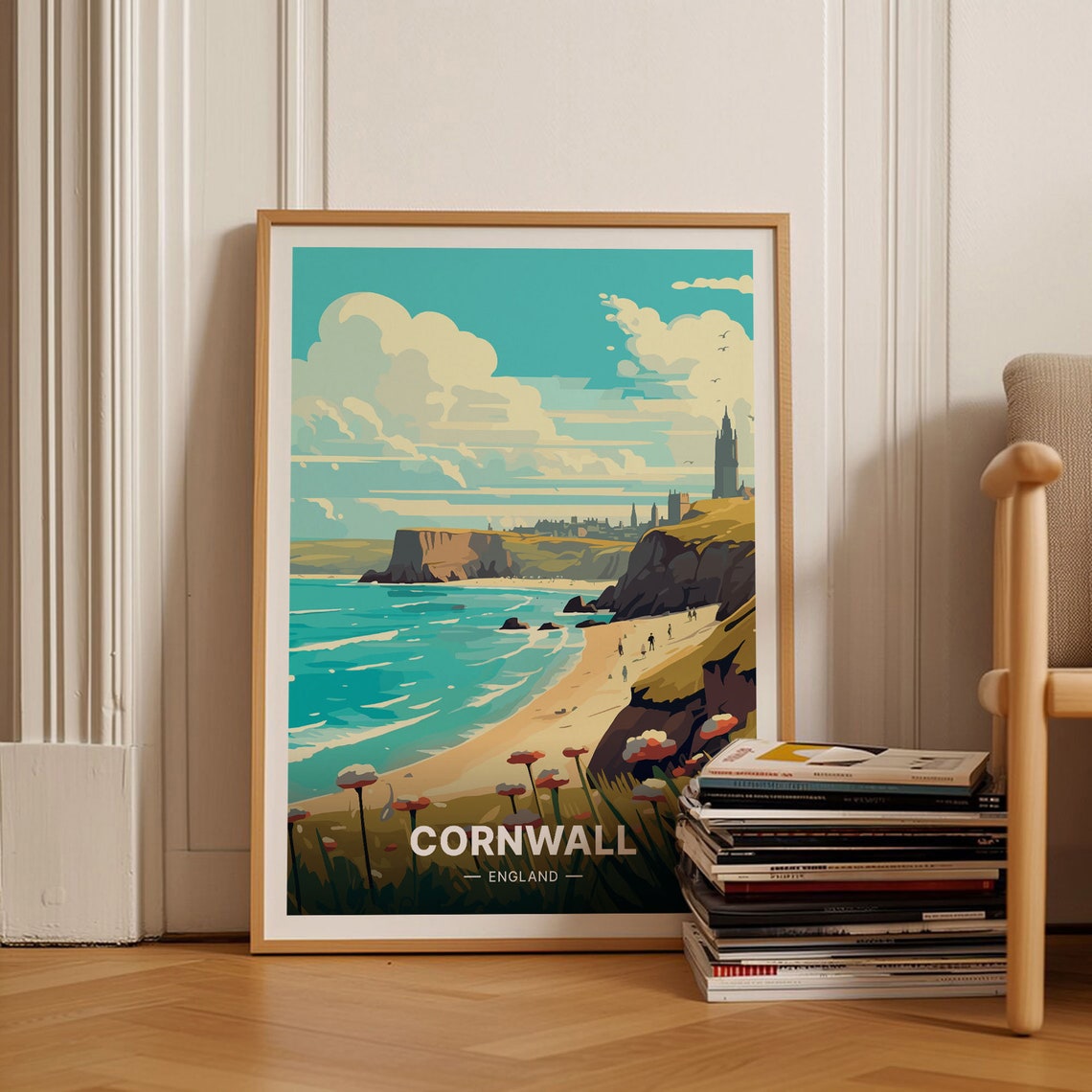 Cornwall England Sandy Beach Cliffs Poppies View Travel Poster