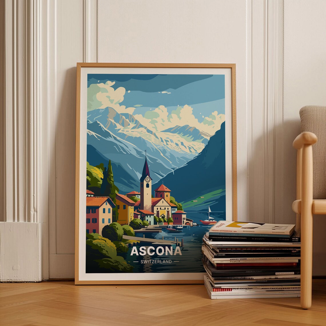 Ascona Switzerland Poster Lakeside Village Church Mountain Art