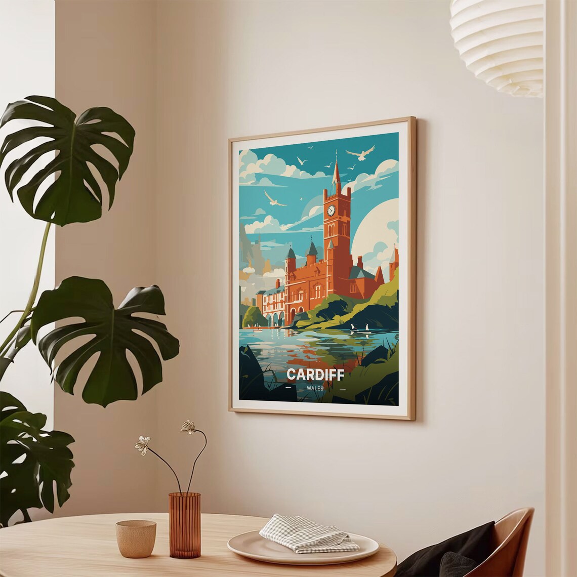 Cardiff Wales Red Castle Water Swans Retro Vintage Travel Poster - Image 2