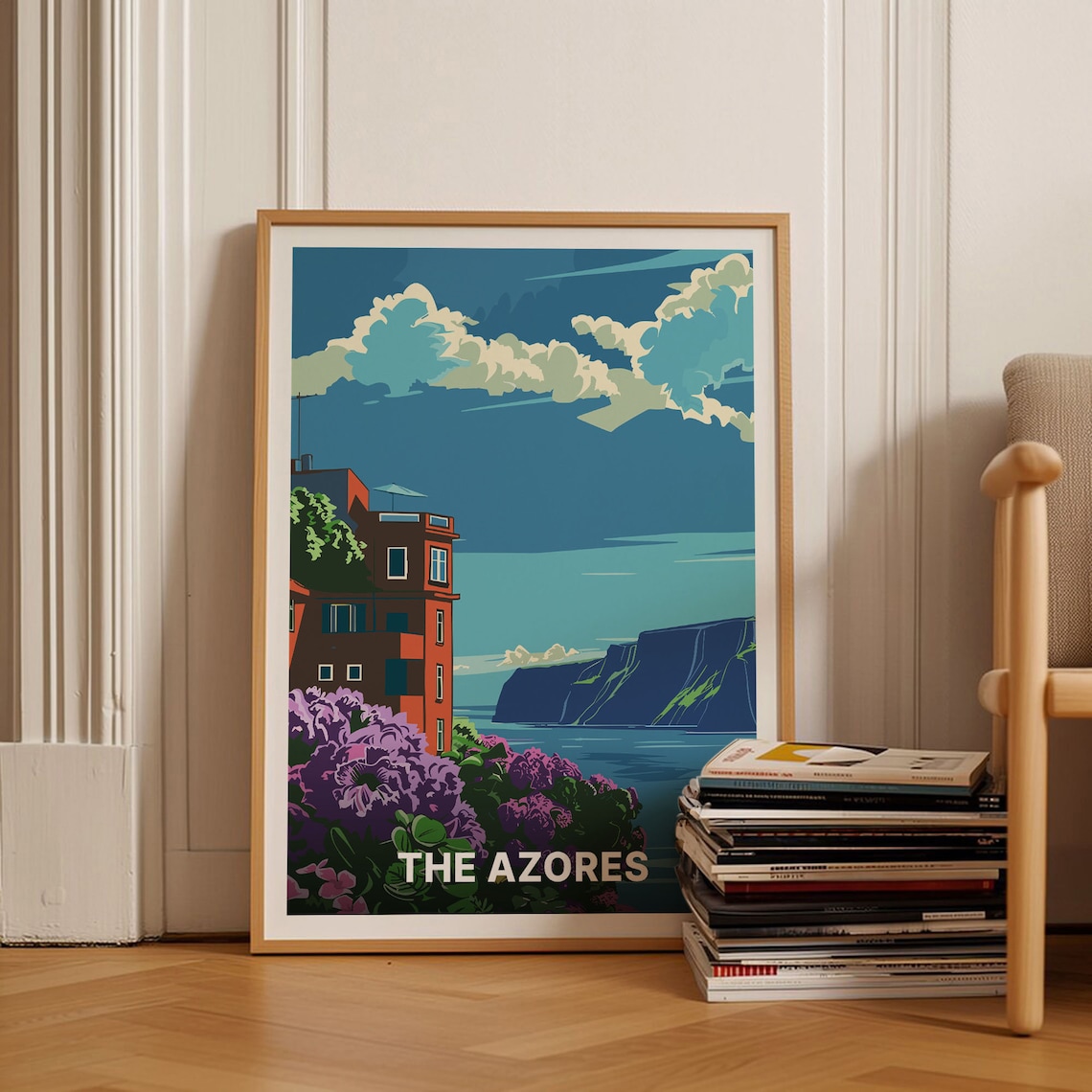 The Azores Portugal Vintage Travel Poster Coastal Cliffs Flower Art