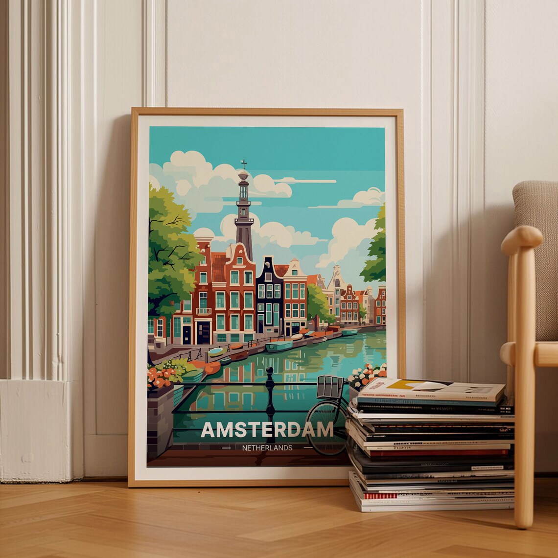 Amsterdam Travel Poster, Netherlands Cityscape Art