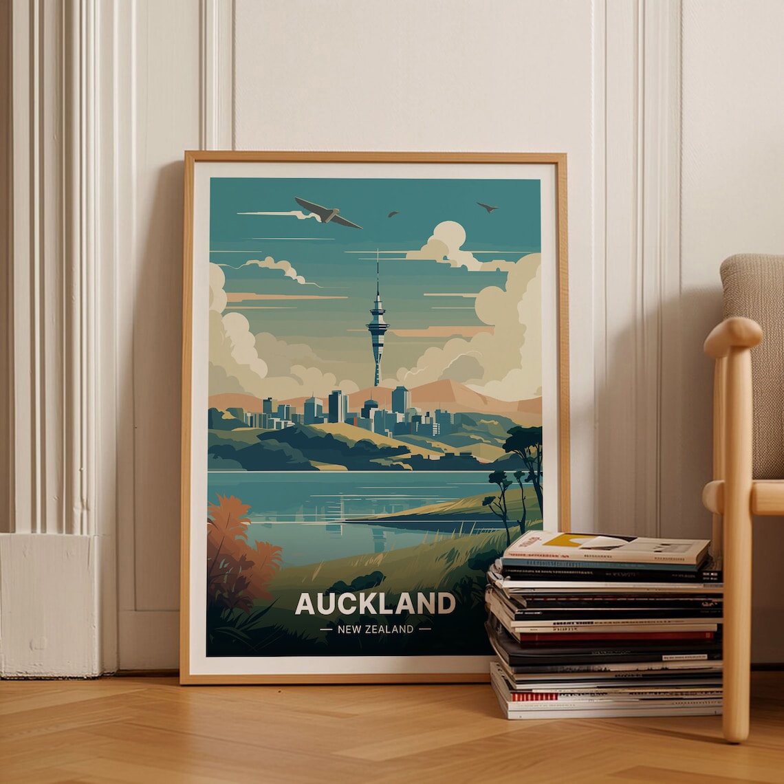 Auckland New Zealand Travel Poster Sky Tower Harbor Planes Art