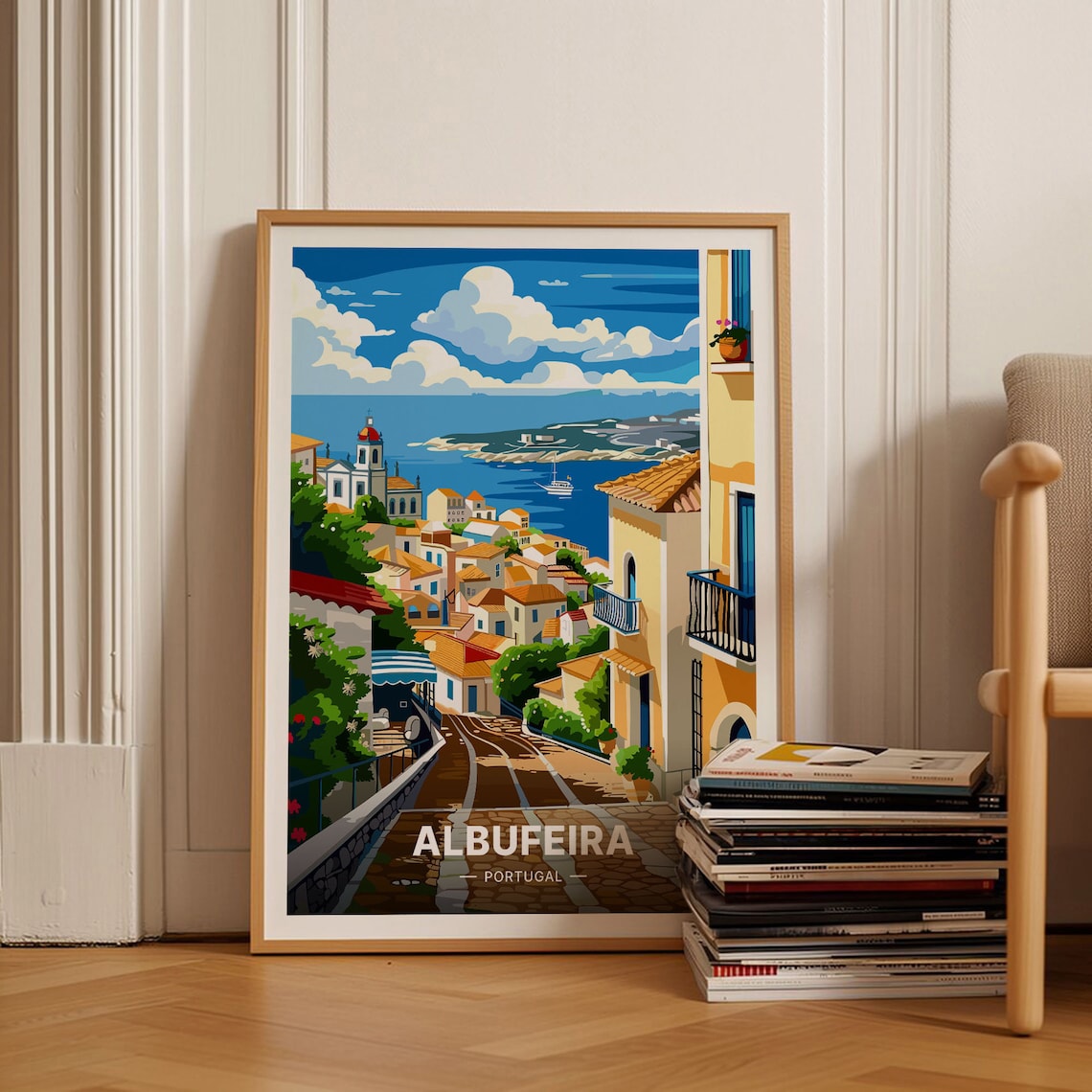 Albufeira Portugal Vintage Coastal Old Town Hillside Travel Poster