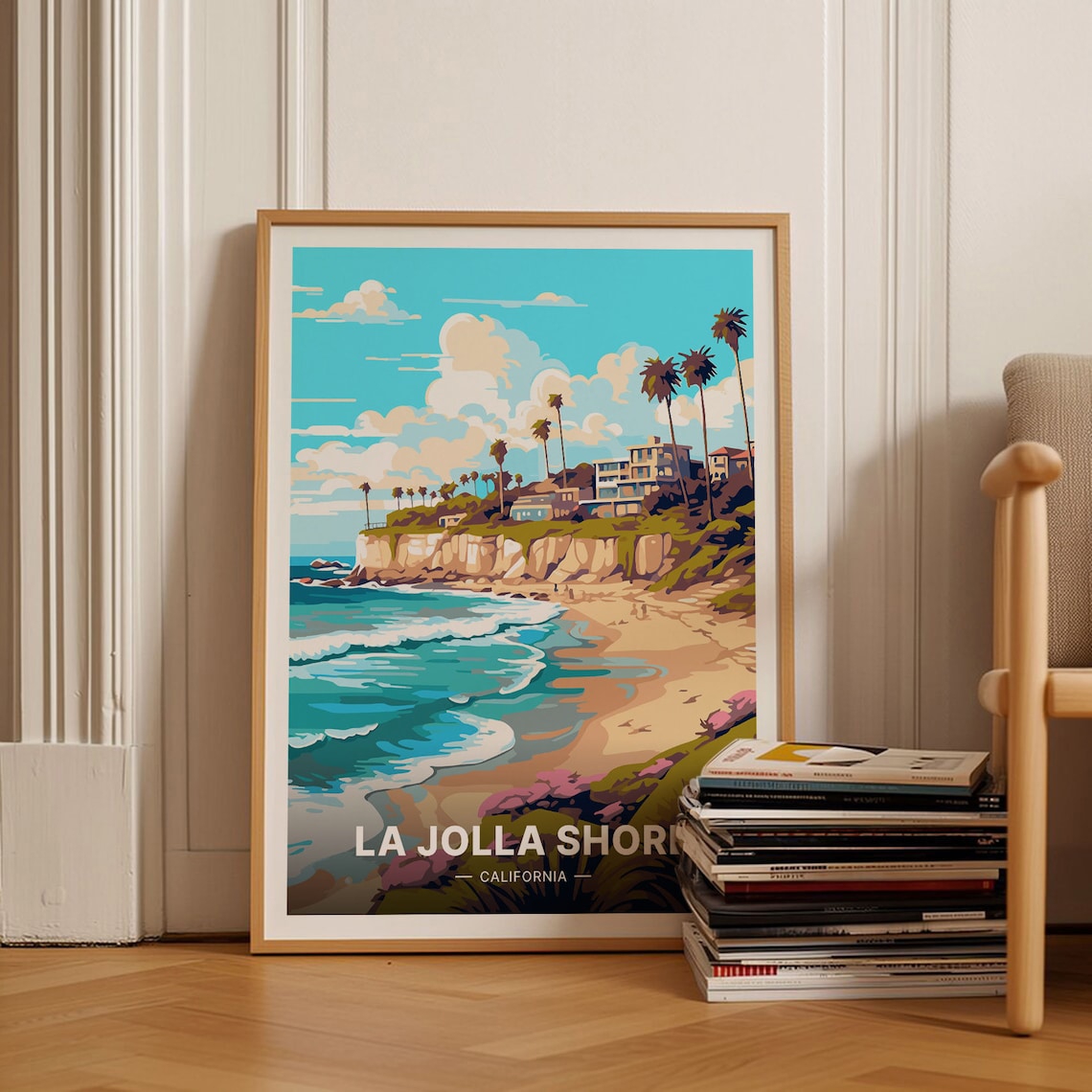 La Jolla Shores California Palm Cliffs Beach Waves Travel Poster