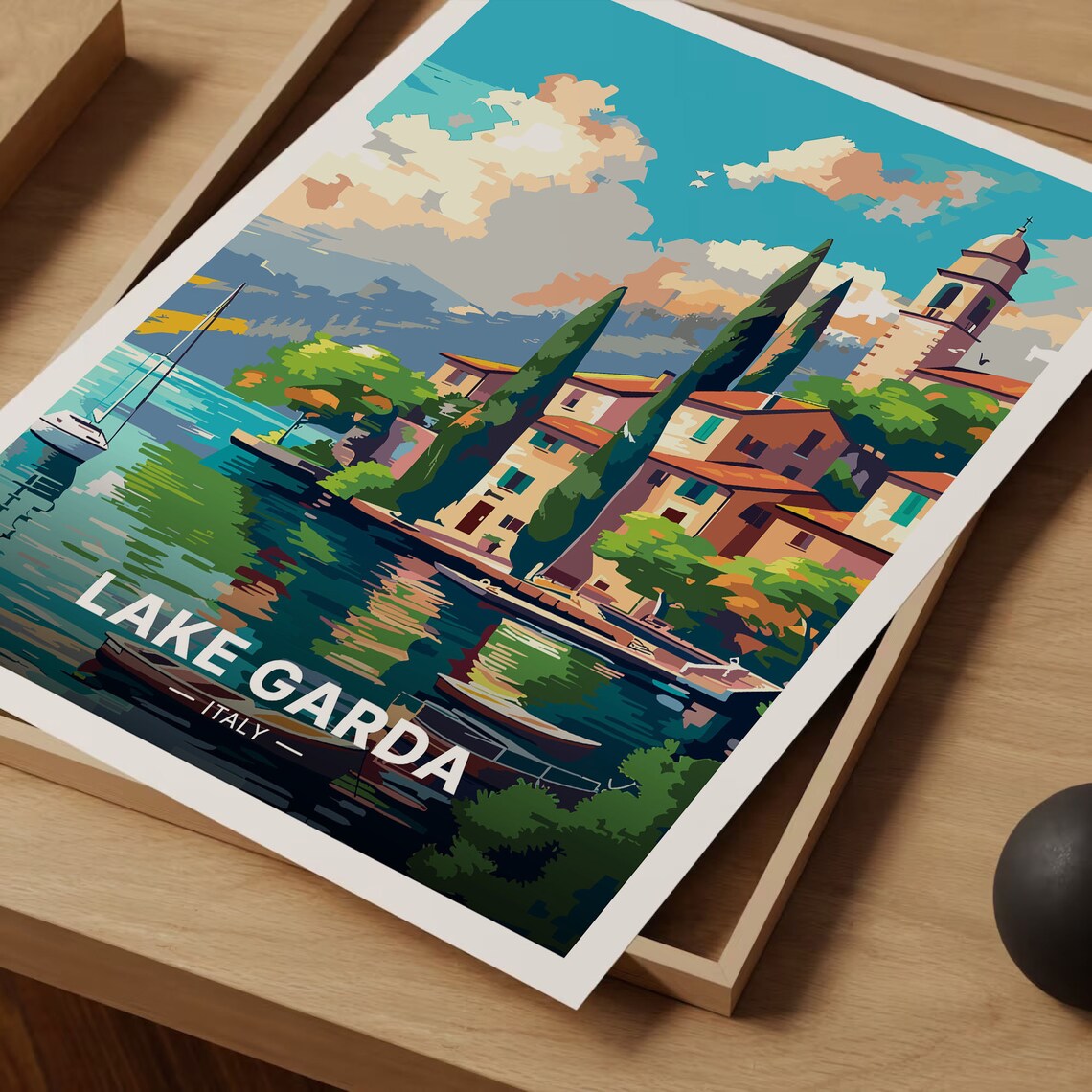 Lake Garda Italy Lakeside Village Church Tower Cypress Travel Poster - Image 3