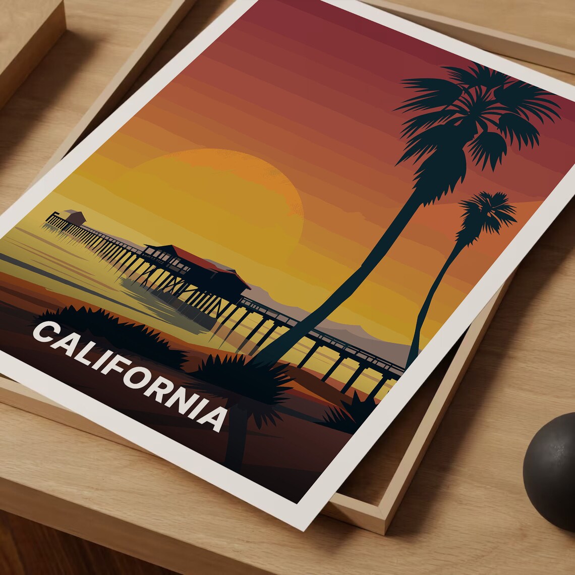 California Beach Pier Palm Trees Sunset Vintage Travel Poster - Image 3