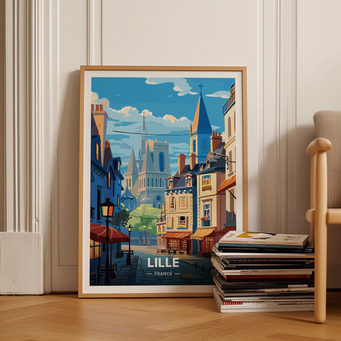 Lille France Riverside Street Eiffel Tower Scene Vintage Travel Poster