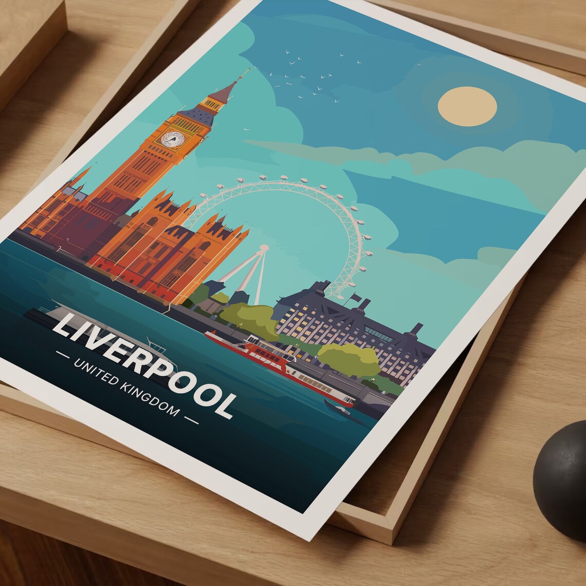 Liverpool Travel Poster with London Big Ben and London Eye Skyline Art - Image 3