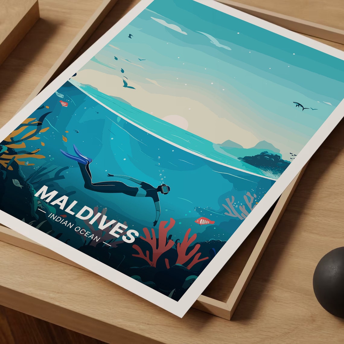 Maldives Indian Ocean Snorkeling Coral Sunset Vintage Travel Poster - Image 3